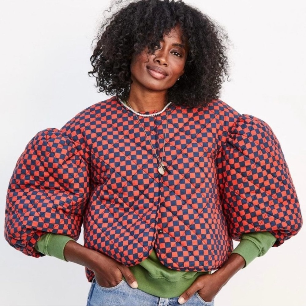 Clare V Le Petit Puff Reversible Jacket XS/S Navy Red Check & Windowpane NWOT